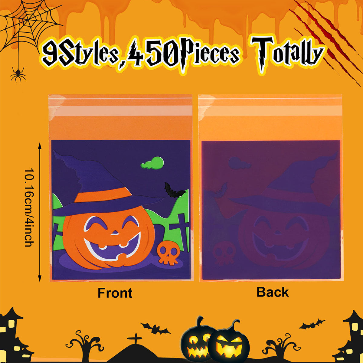 450 Pcs Halloween Cellophane Treat Bags Self-sealing Clear Candy Cookie Bags Pumpkin Ghost Black Cat Skull Trick Or Treat Bags For Halloween Birthday Trick Or Treat Party Favors Supplies