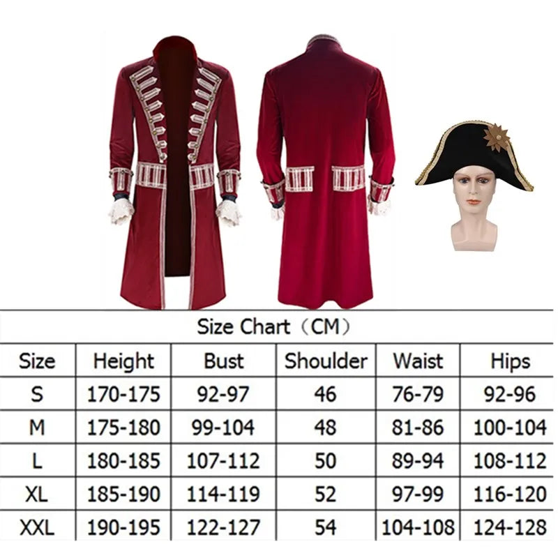 Captain Hook Cosplay Pirate Disguise Costume Pan Hat Adult Men Coat Pants Outfits Halloween Carnival Party Suit