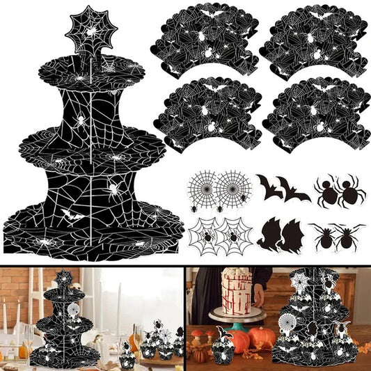 3 Tier Halloween Cupcake Stand Black Spider Web Cardboard Cupcake Stand Spider Bat Cupcake Toppers Halloween Cupcake Holder Tower For Halloween Birthday Party Supplies