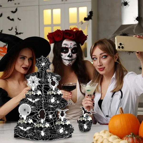 3 Tier Halloween Cupcake Stand Black Spider Web Cardboard Cupcake Stand Spider Bat Cupcake Toppers Halloween Cupcake Holder Tower For Halloween Birthday Party Supplies