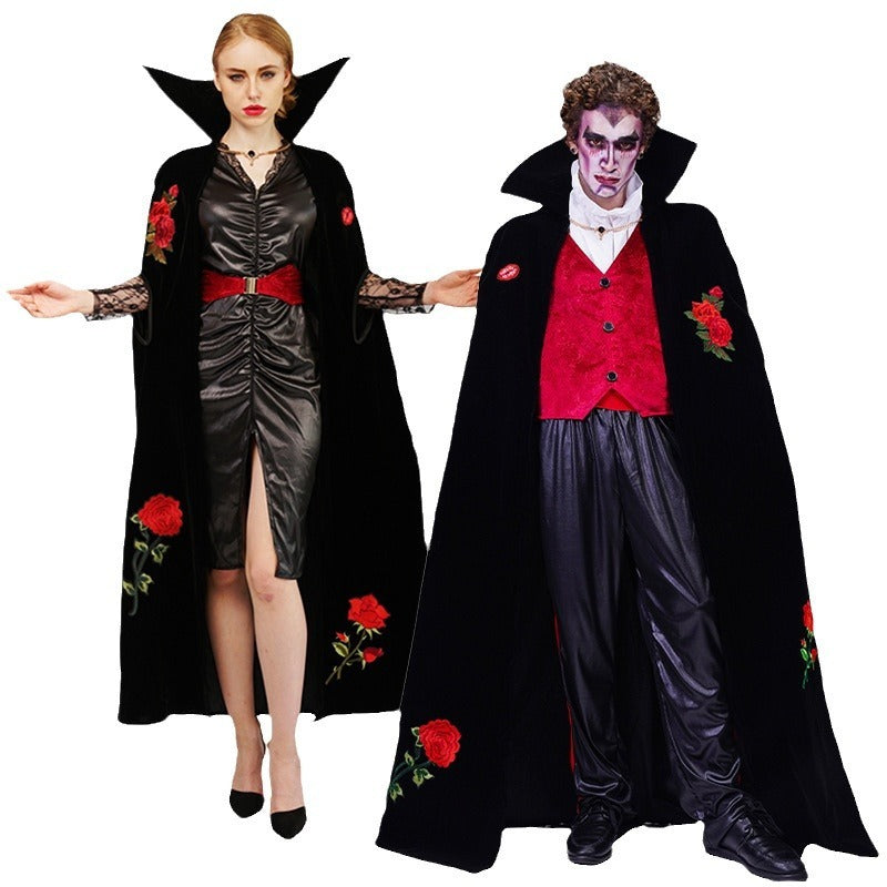 Couple’s Vampire Costume with Rose Embroidery for Halloween