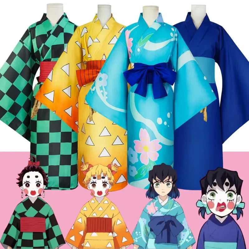 Kimet-su No Yaiba Season 2 Agatsuma Zenitsu Kimono Anime Cosplay Costume Kamado Tanjirou Hashibira Inosuke Printed Kimono Dress