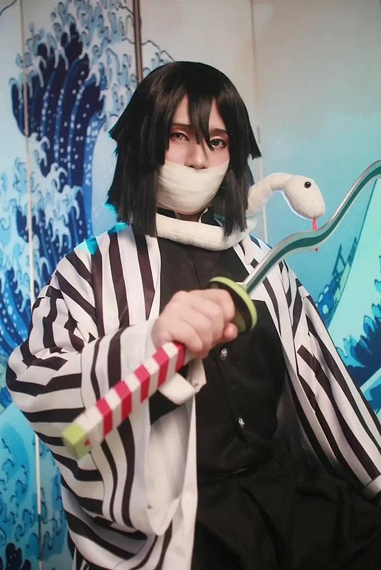 Iguro Obanai Anime Demon Ghost Killer Haori Kimono Cosplay Costume Set with White Snake Doll for Men
