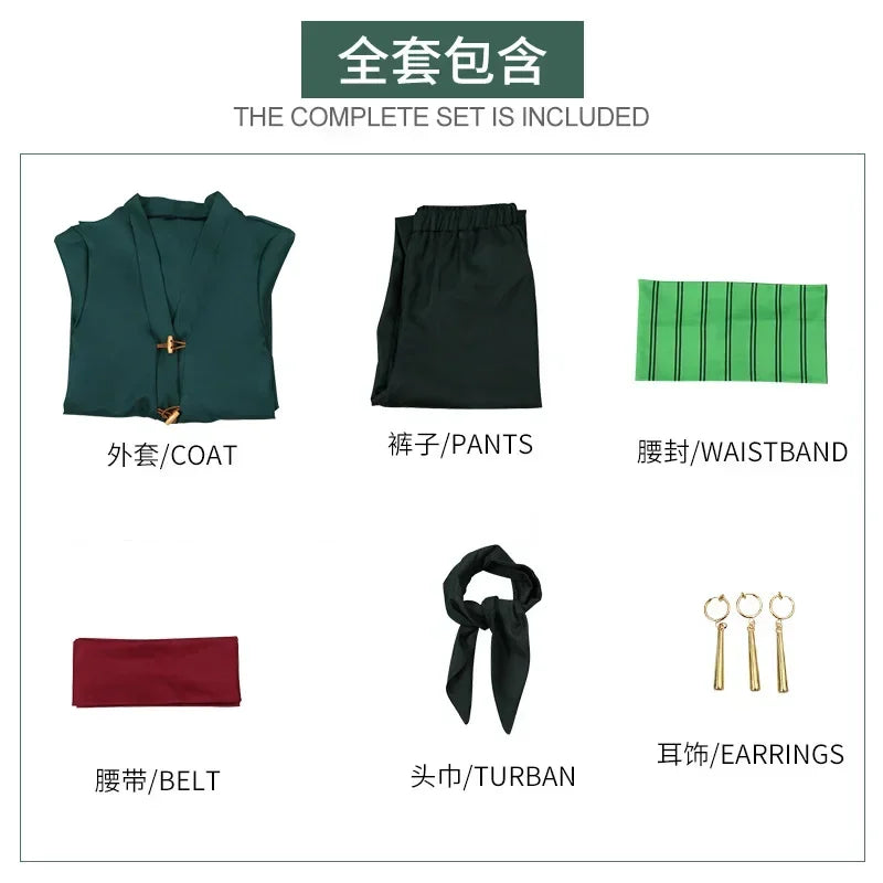 The whole series Anime Roronoa Zoro Cosplay Costume Uniform Green Coat Belt Pants Head Scarf Roronoa Zoro Wig Earrings Halloween