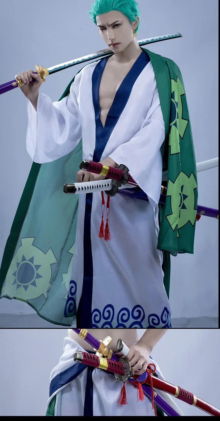 The whole series Anime Roronoa Zoro Cosplay Costume Uniform Green Coat Belt Pants Head Scarf Roronoa Zoro Wig Earrings Halloween