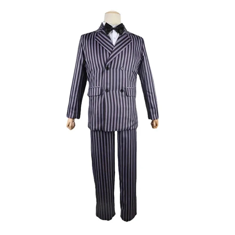 Film Gomez Addams Cosplay  Morticia Costume Dress Halloween Carnival Outfit Adult Kid Coat Shirt Pant Tie Suit Party Uniform