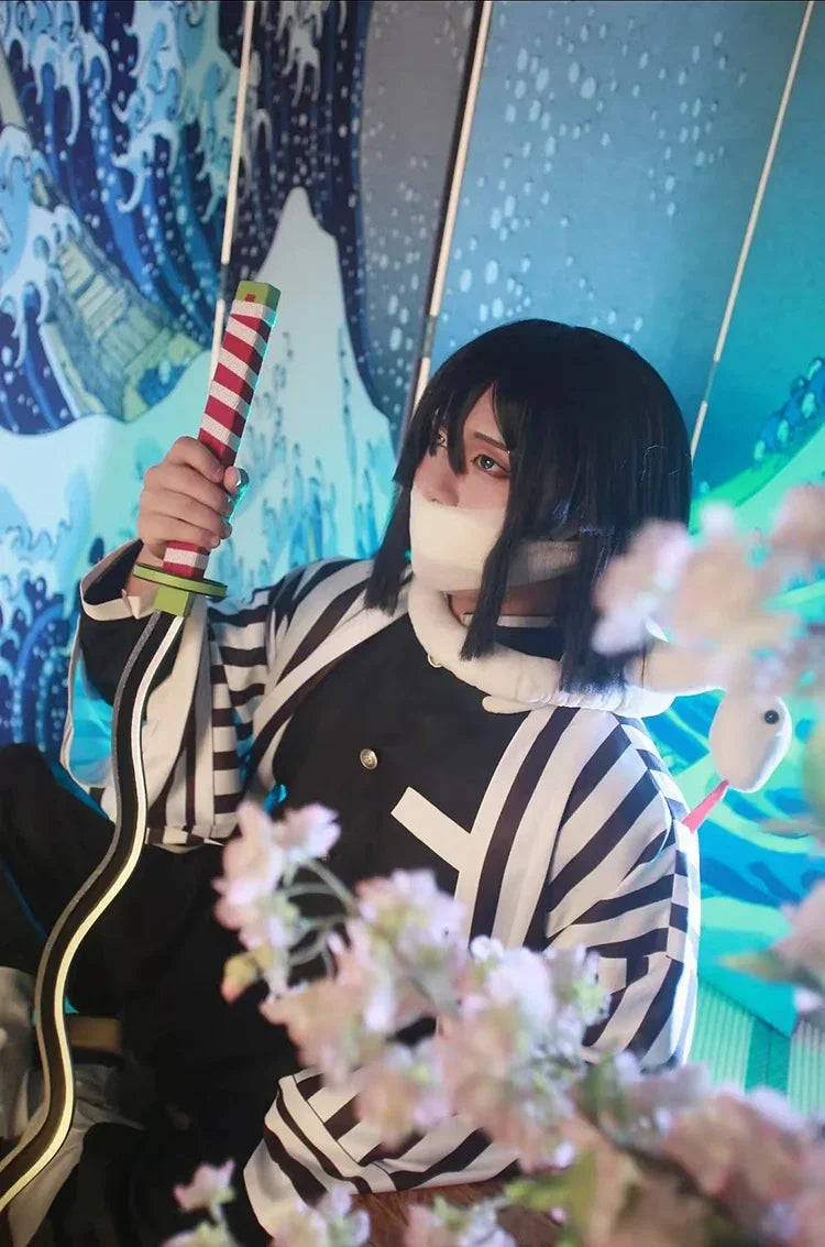 Iguro Obanai Anime Demon Ghost Killer Haori Kimono Cosplay Costume Set with White Snake Doll for Men