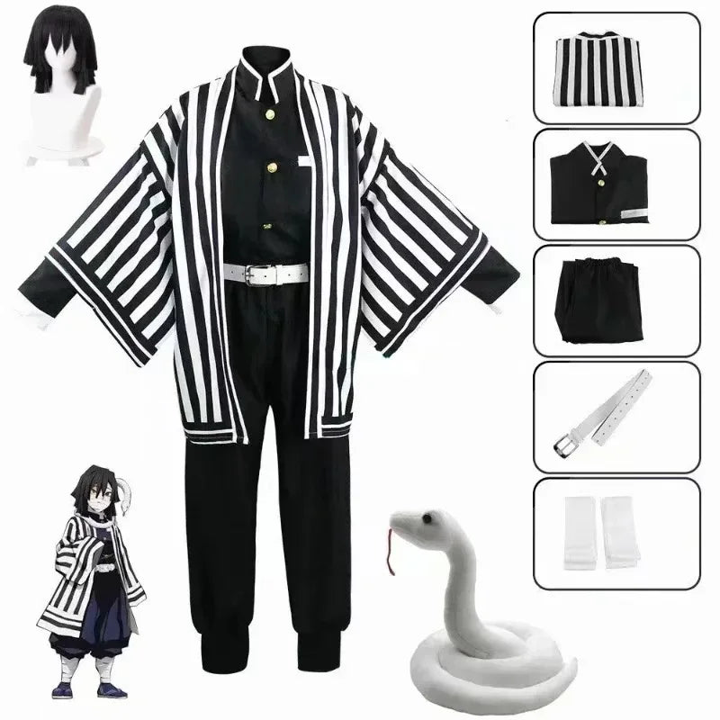 Iguro Obanai Anime Demon Ghost Killer Haori Kimono Cosplay Costume Set with White Snake Doll for Men