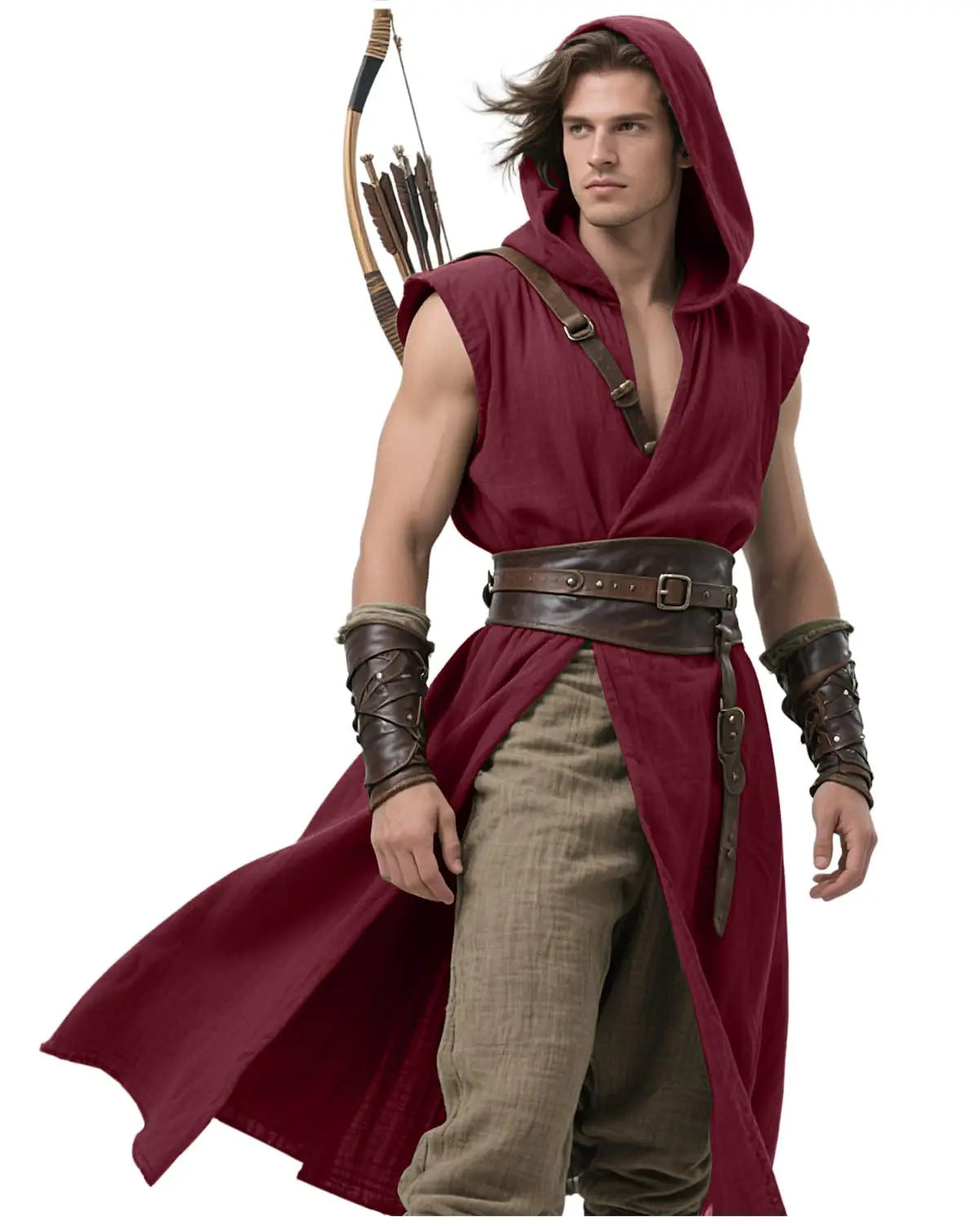 Men's Medieval Hooded Surcoat Renaissance Tabard Sleeveless Tunic Cloak Viking Costume Holloween Assassin Cosplay