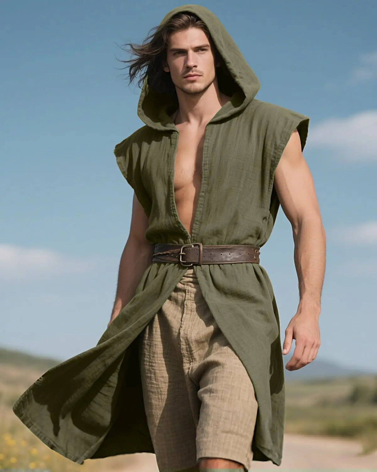 Men's Medieval Hooded Surcoat Renaissance Tabard Sleeveless Tunic Cloak Viking Costume Holloween Assassin Cosplay