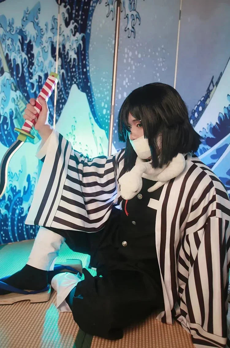 Iguro Obanai Anime Demon Ghost Killer Haori Kimono Cosplay Costume Set with White Snake Doll for Men