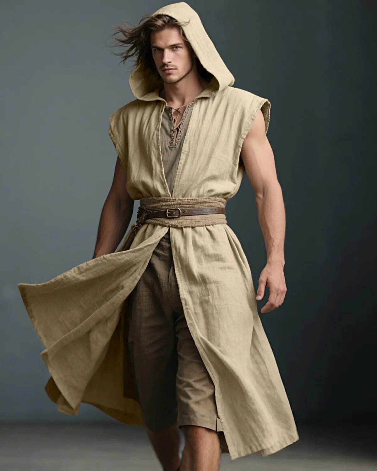Men's Medieval Hooded Surcoat Renaissance Tabard Sleeveless Tunic Cloak Viking Costume Holloween Assassin Cosplay