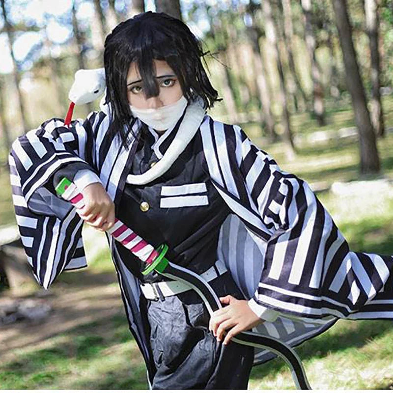 Iguro Obanai Anime Demon Ghost Killer Haori Kimono Cosplay Costume Set with White Snake Doll for Men