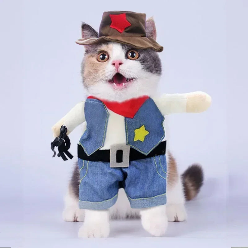 Pet Dog Cat Costume Cowboy Jeans Hoodie Shirts Halloween Costume Jumpsuit Puppy Clothes Funny Coat Cosplay Cat Dog Accessories