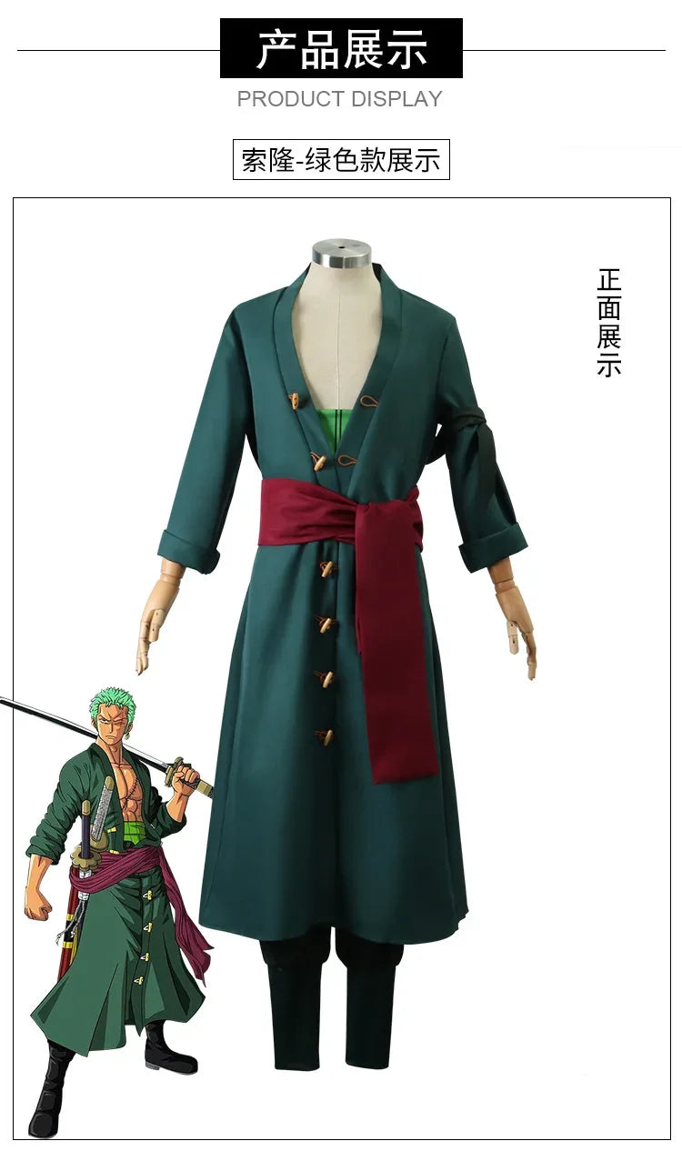 The whole series Anime Roronoa Zoro Cosplay Costume Uniform Green Coat Belt Pants Head Scarf Roronoa Zoro Wig Earrings Halloween