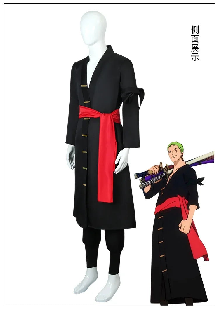 The whole series Anime Roronoa Zoro Cosplay Costume Uniform Green Coat Belt Pants Head Scarf Roronoa Zoro Wig Earrings Halloween
