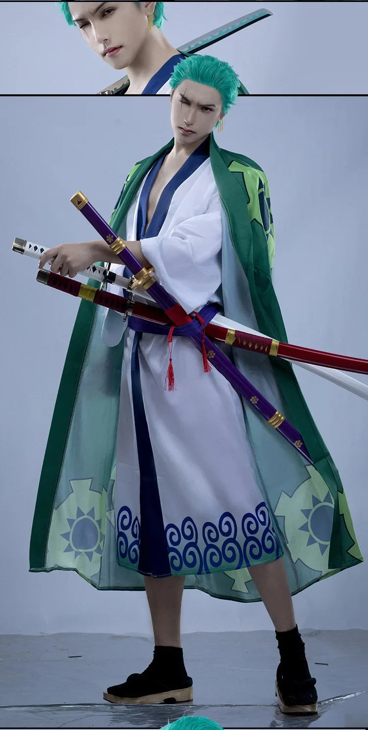 The whole series Anime Roronoa Zoro Cosplay Costume Uniform Green Coat Belt Pants Head Scarf Roronoa Zoro Wig Earrings Halloween