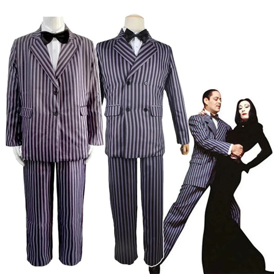 Film Gomez Addams Cosplay  Morticia Costume Dress Halloween Carnival Outfit Adult Kid Coat Shirt Pant Tie Suit Party Uniform