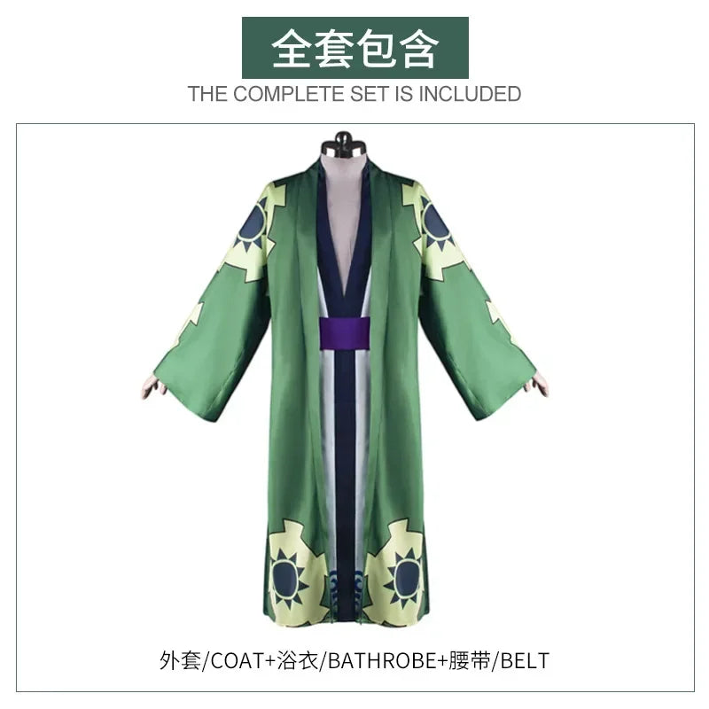 The whole series Anime Roronoa Zoro Cosplay Costume Uniform Green Coat Belt Pants Head Scarf Roronoa Zoro Wig Earrings Halloween