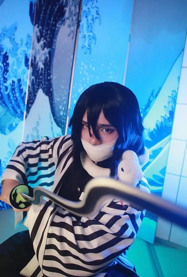 Iguro Obanai Anime Demon Ghost Killer Haori Kimono Cosplay Costume Set with White Snake Doll for Men