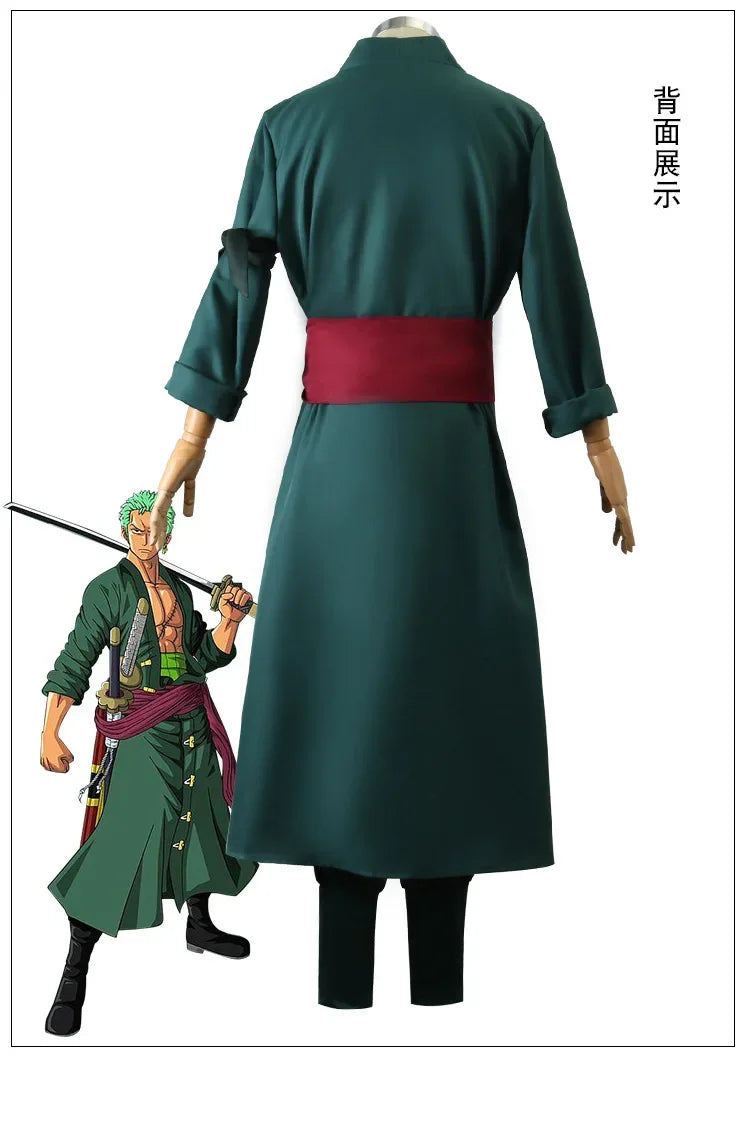 The whole series Anime Roronoa Zoro Cosplay Costume Uniform Green Coat Belt Pants Head Scarf Roronoa Zoro Wig Earrings Halloween