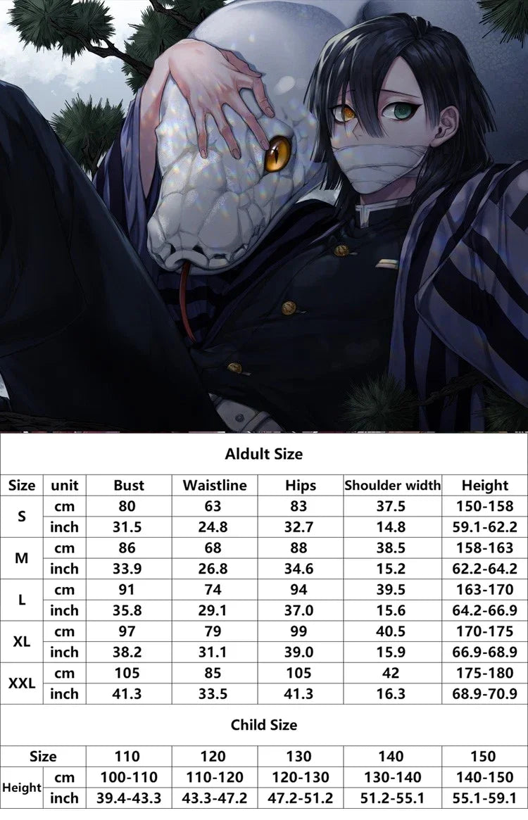 Iguro Obanai Anime Demon Ghost Killer Haori Kimono Cosplay Costume Set with White Snake Doll for Men