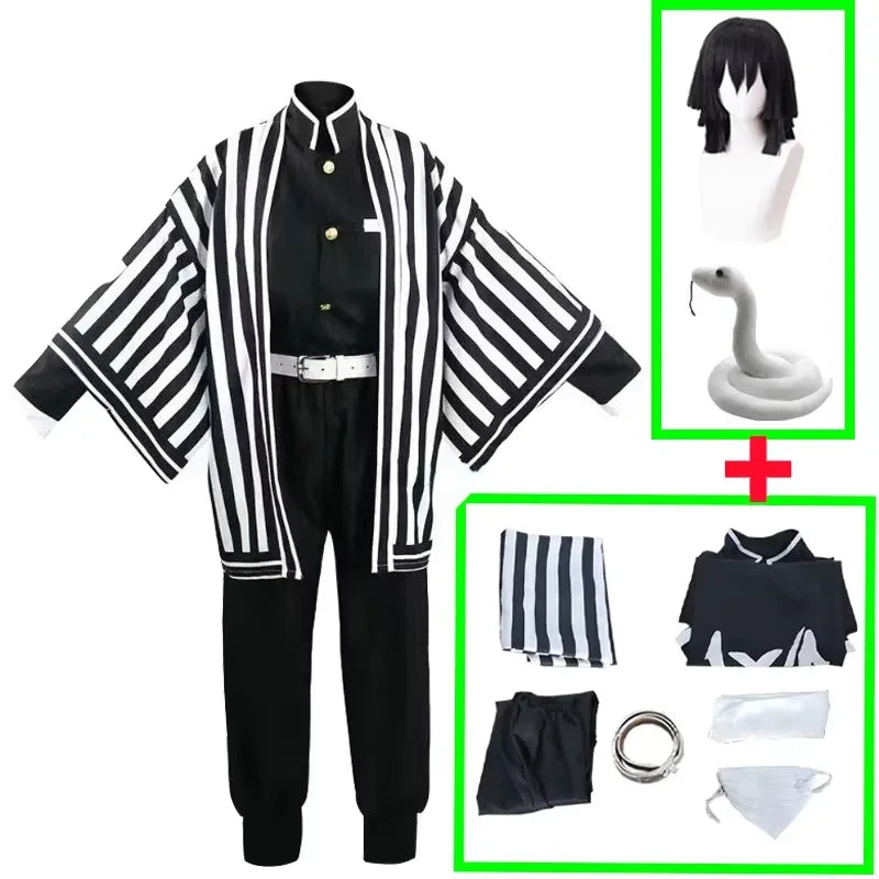 Iguro Obanai Anime Demon Ghost Killer Haori Kimono Cosplay Costume Set with White Snake Doll for Men
