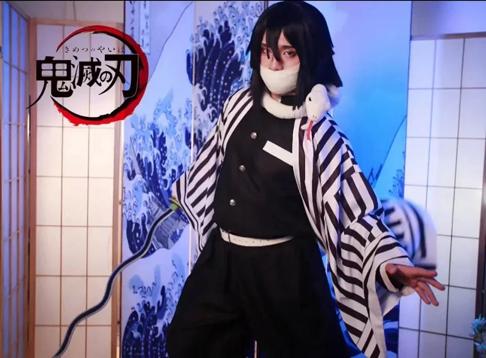 Iguro Obanai Anime Demon Ghost Killer Haori Kimono Cosplay Costume Set with White Snake Doll for Men