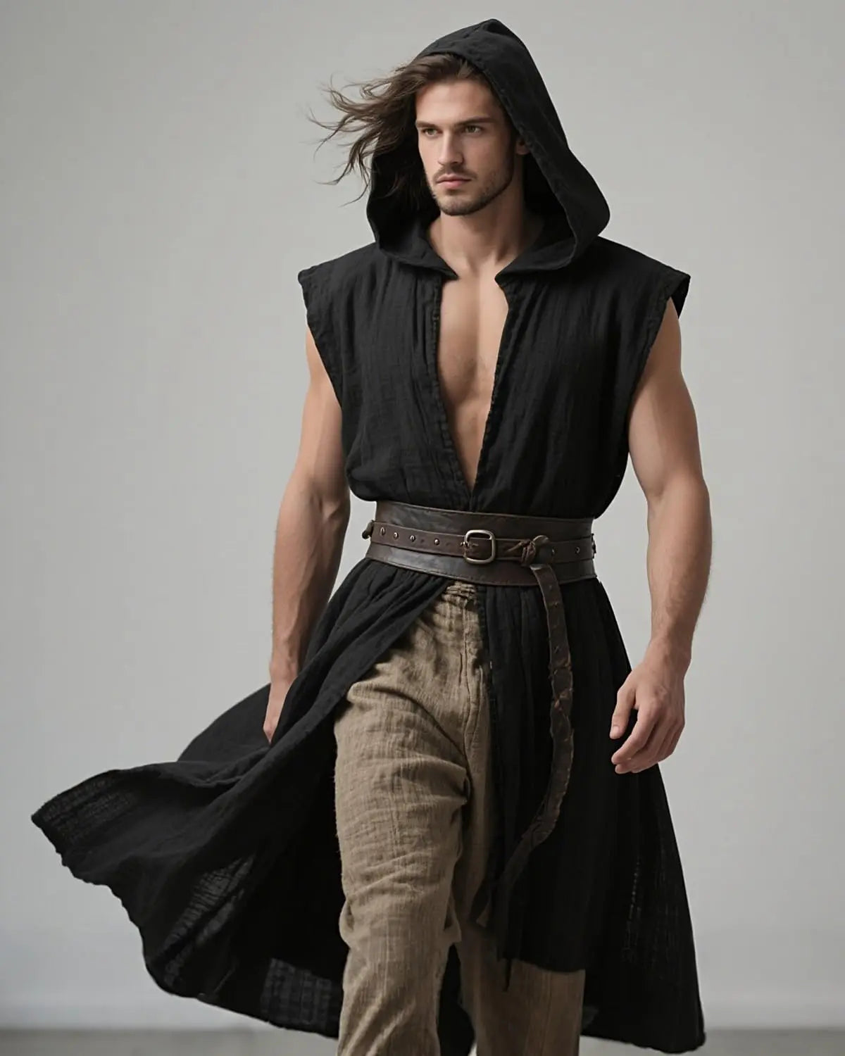 Men's Medieval Hooded Surcoat Renaissance Tabard Sleeveless Tunic Cloak Viking Costume Holloween Assassin Cosplay