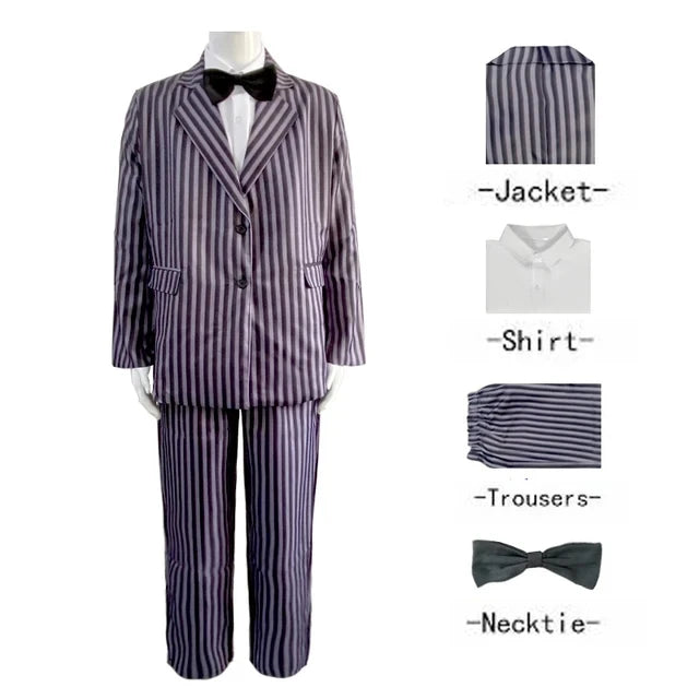 Film Gomez Addams Cosplay  Morticia Costume Dress Halloween Carnival Outfit Adult Kid Coat Shirt Pant Tie Suit Party Uniform