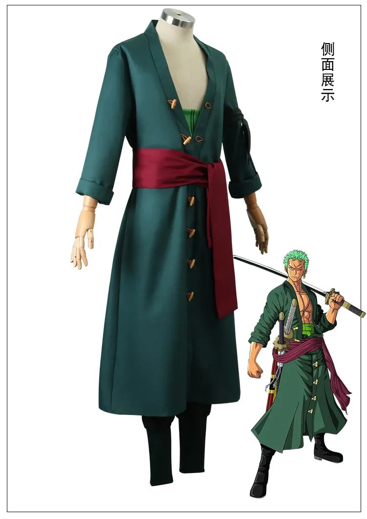 The whole series Anime Roronoa Zoro Cosplay Costume Uniform Green Coat Belt Pants Head Scarf Roronoa Zoro Wig Earrings Halloween