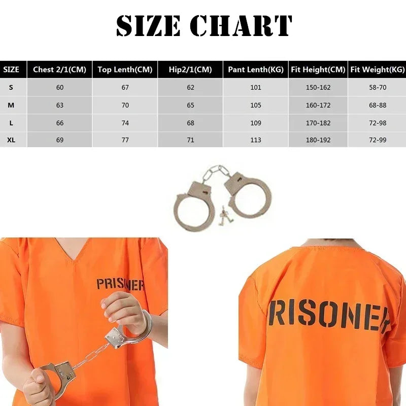Cosplay Orange Adult Inmate Costume Prisoner Jumpsuit Jailbird Outfit for Halloween Christmas Men Jail Costume Kids