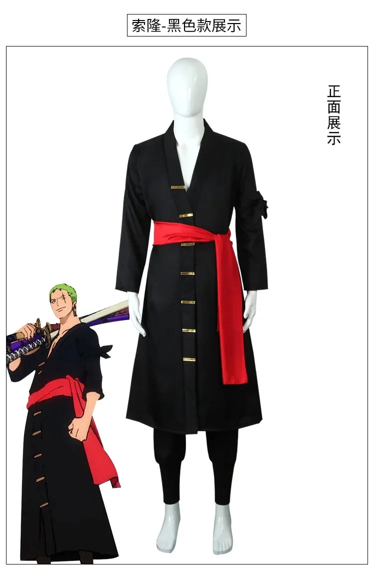 The whole series Anime Roronoa Zoro Cosplay Costume Uniform Green Coat Belt Pants Head Scarf Roronoa Zoro Wig Earrings Halloween