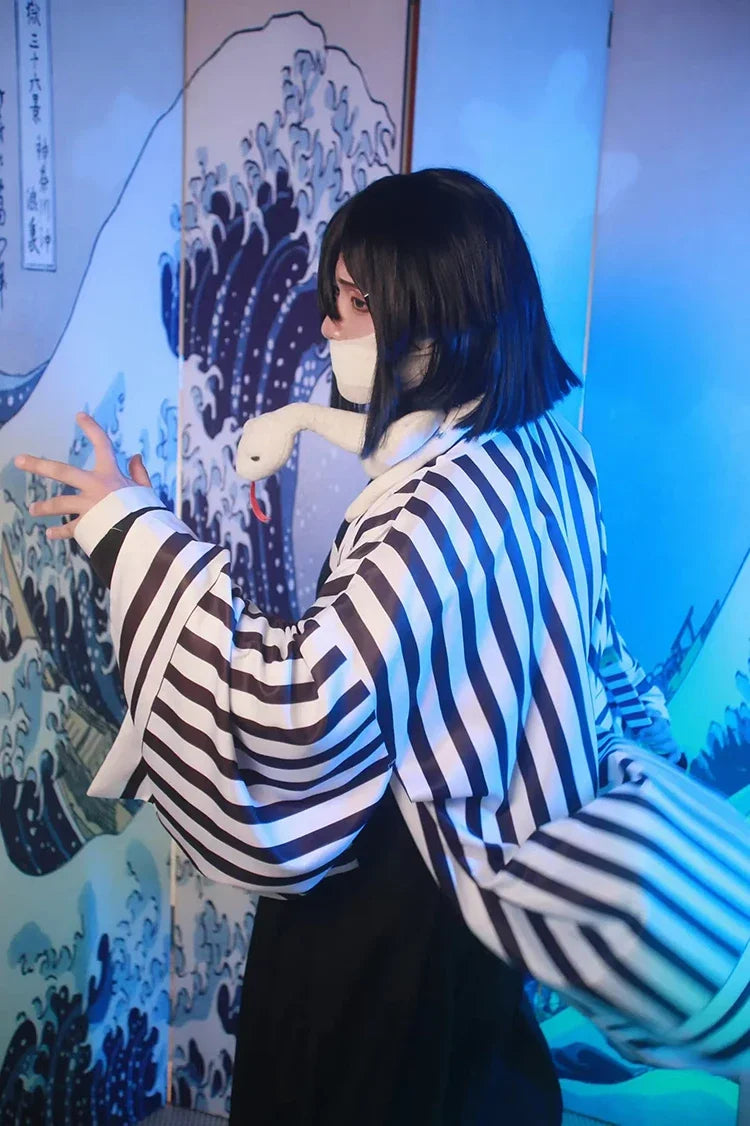 Iguro Obanai Anime Demon Ghost Killer Haori Kimono Cosplay Costume Set with White Snake Doll for Men