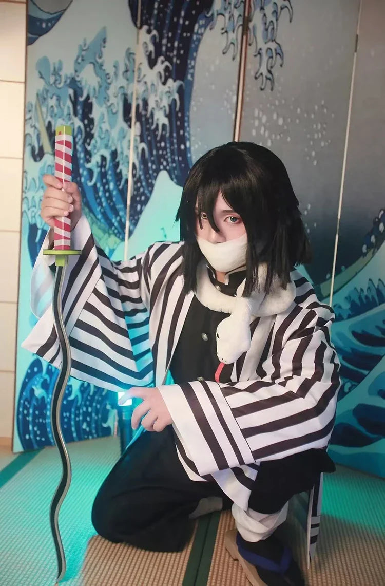 Iguro Obanai Anime Demon Ghost Killer Haori Kimono Cosplay Costume Set with White Snake Doll for Men