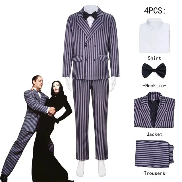Film Gomez Addams Cosplay  Morticia Costume Dress Halloween Carnival Outfit Adult Kid Coat Shirt Pant Tie Suit Party Uniform
