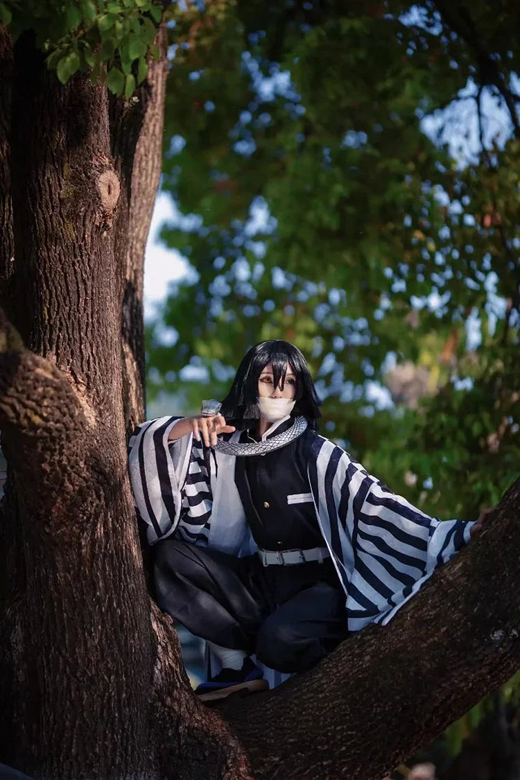 Iguro Obanai Anime Demon Ghost Killer Haori Kimono Cosplay Costume Set with White Snake Doll for Men