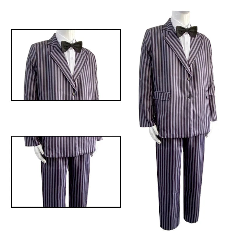 Film Gomez Addams Cosplay  Morticia Costume Dress Halloween Carnival Outfit Adult Kid Coat Shirt Pant Tie Suit Party Uniform