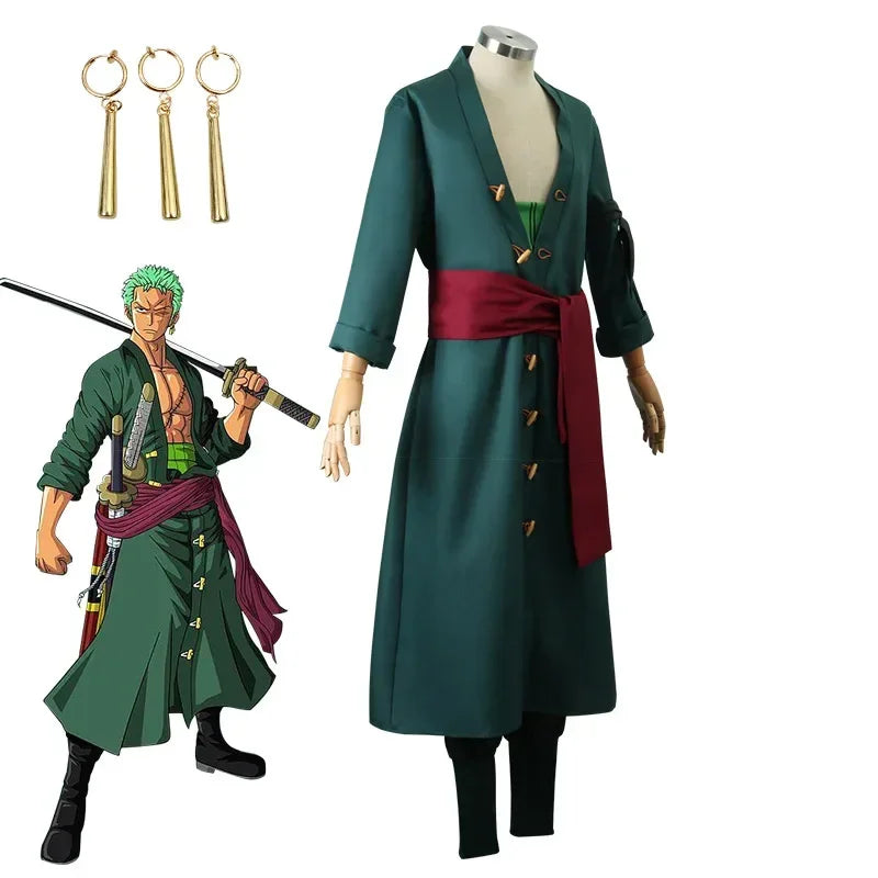 The whole series Anime Roronoa Zoro Cosplay Costume Uniform Green Coat Belt Pants Head Scarf Roronoa Zoro Wig Earrings Halloween