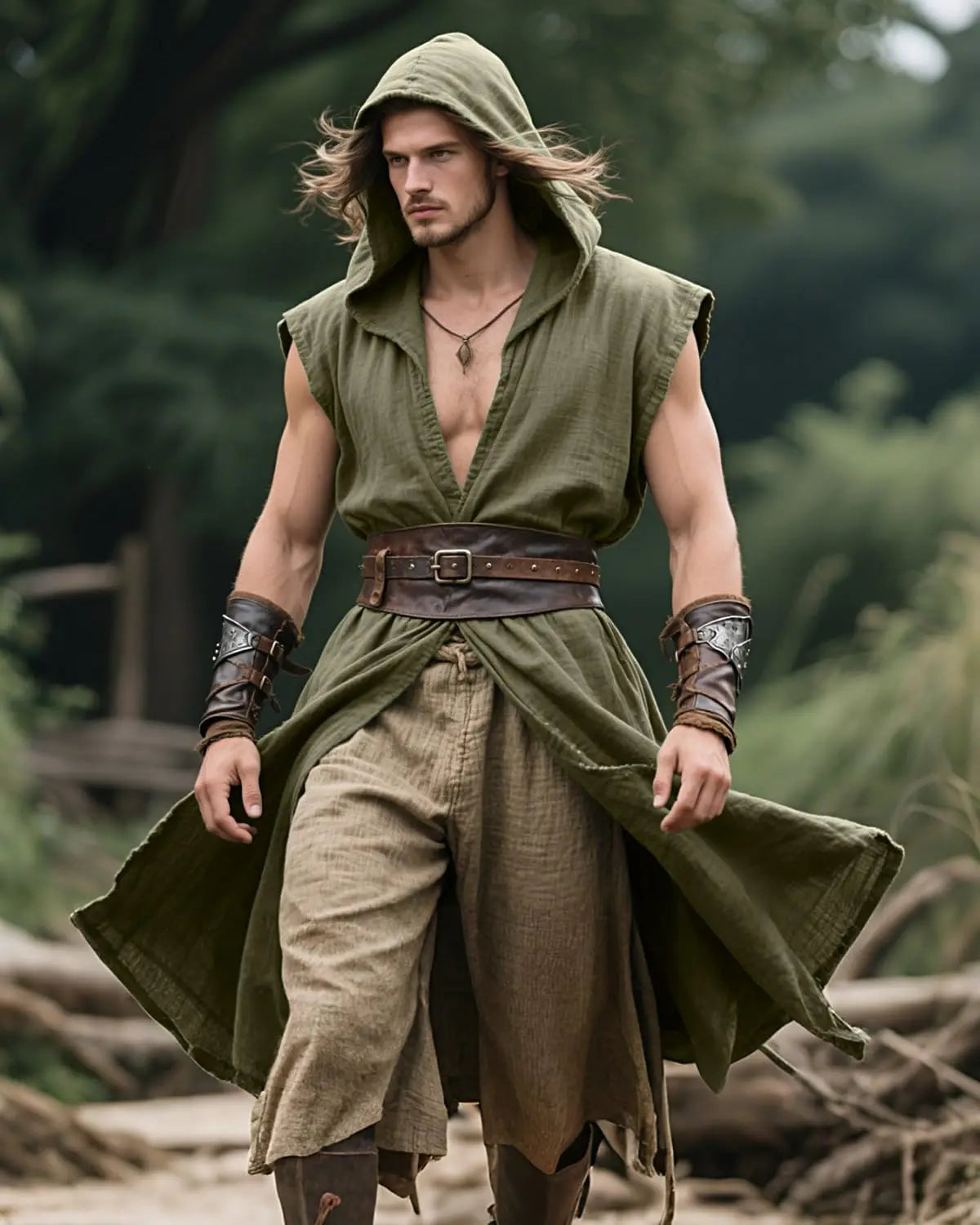 Men's Medieval Hooded Surcoat Renaissance Tabard Sleeveless Tunic Cloak Viking Costume Holloween Assassin Cosplay