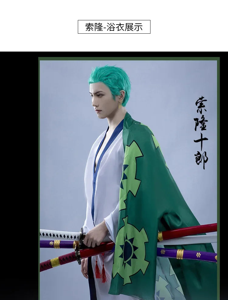 The whole series Anime Roronoa Zoro Cosplay Costume Uniform Green Coat Belt Pants Head Scarf Roronoa Zoro Wig Earrings Halloween
