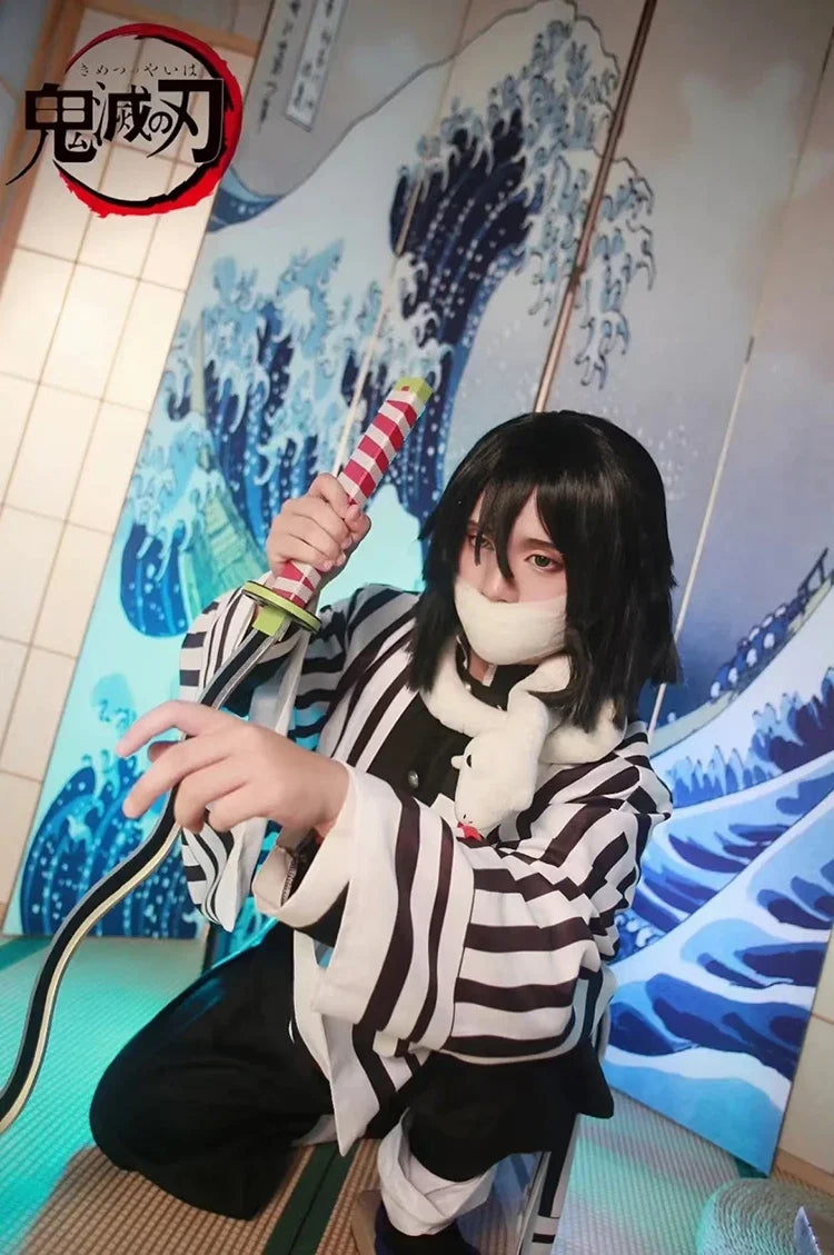 Iguro Obanai Anime Demon Ghost Killer Haori Kimono Cosplay Costume Set with White Snake Doll for Men