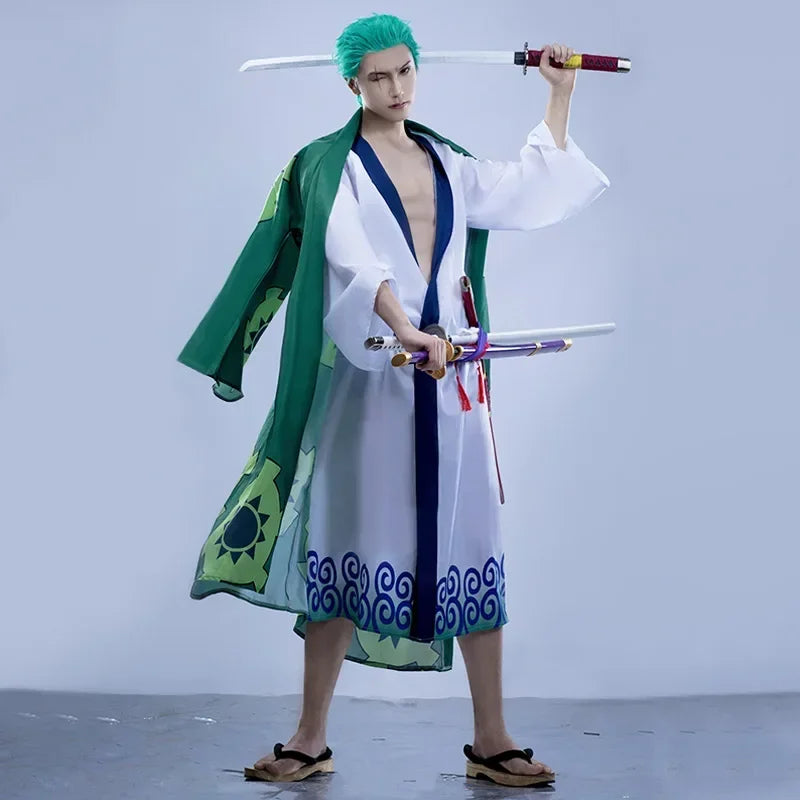 The whole series Anime Roronoa Zoro Cosplay Costume Uniform Green Coat Belt Pants Head Scarf Roronoa Zoro Wig Earrings Halloween