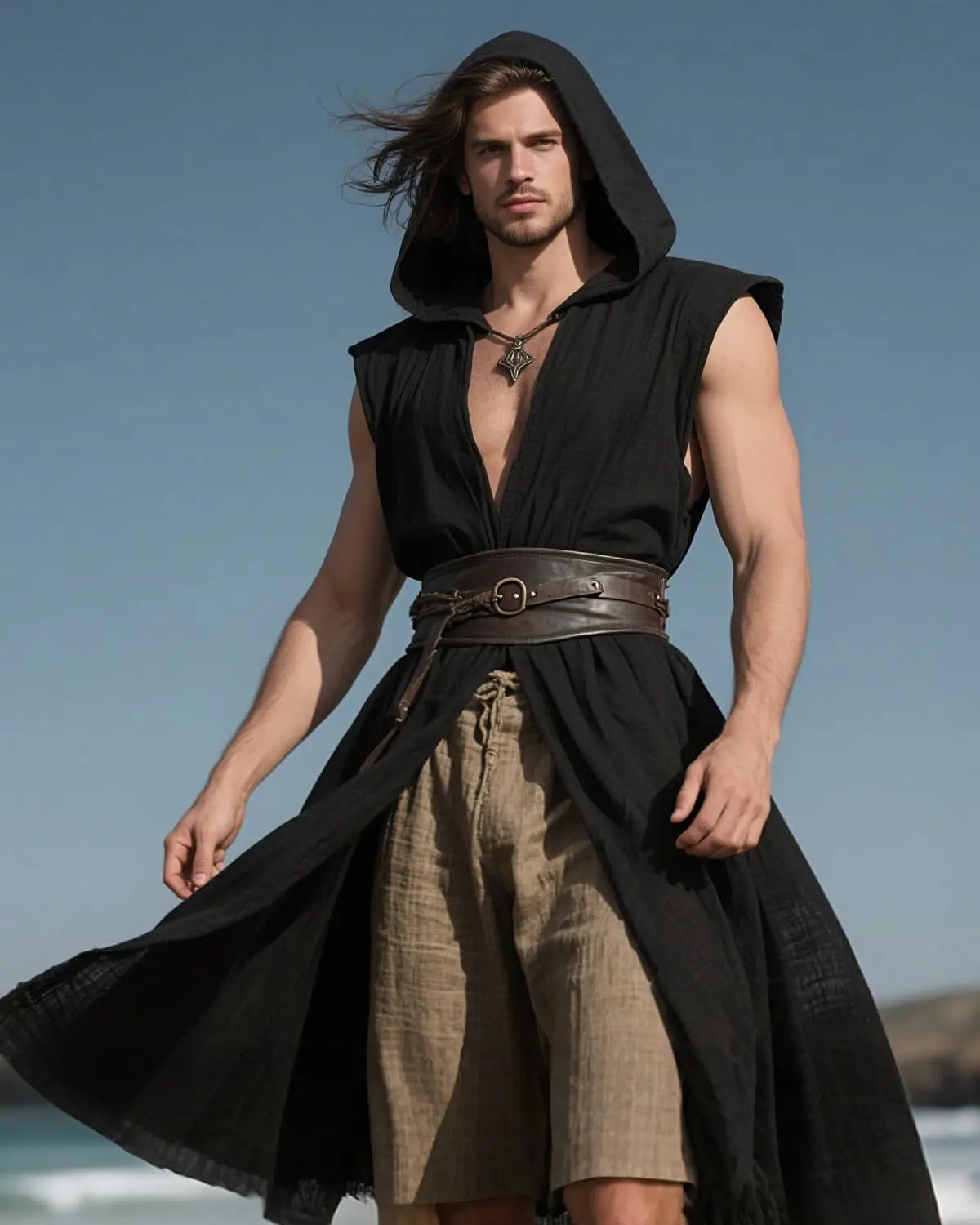 Men's Medieval Hooded Surcoat Renaissance Tabard Sleeveless Tunic Cloak Viking Costume Holloween Assassin Cosplay