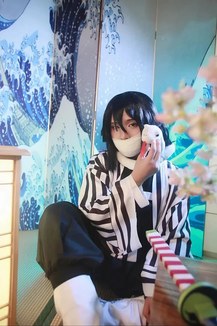 Iguro Obanai Anime Demon Ghost Killer Haori Kimono Cosplay Costume Set with White Snake Doll for Men
