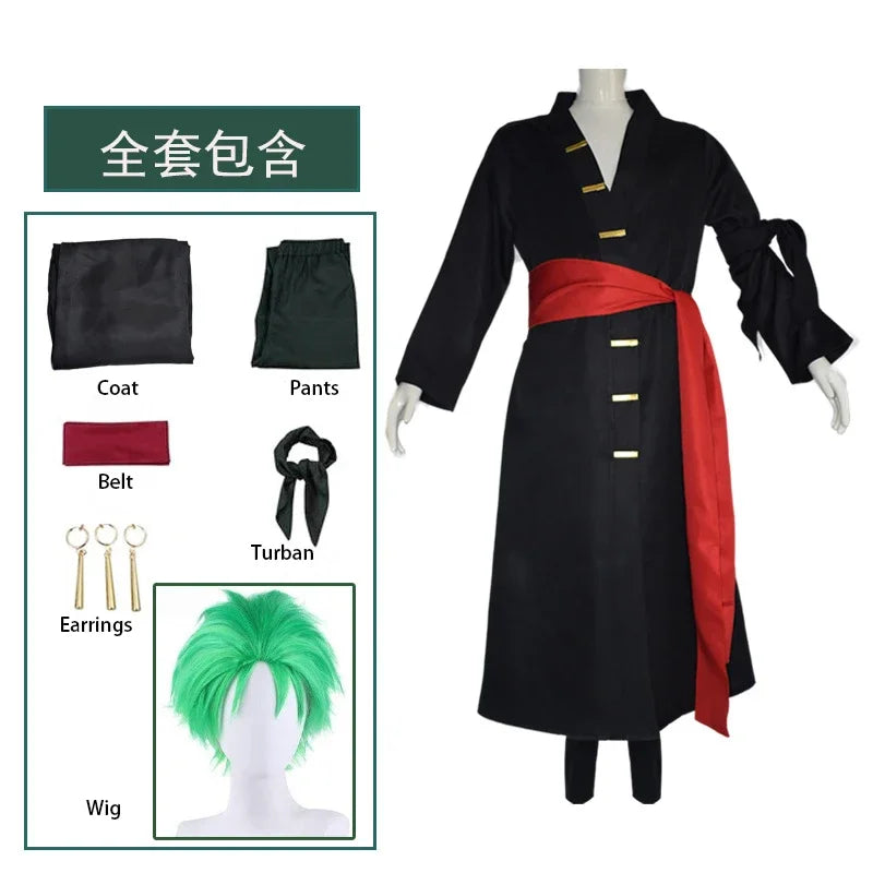 The whole series Anime Roronoa Zoro Cosplay Costume Uniform Green Coat Belt Pants Head Scarf Roronoa Zoro Wig Earrings Halloween