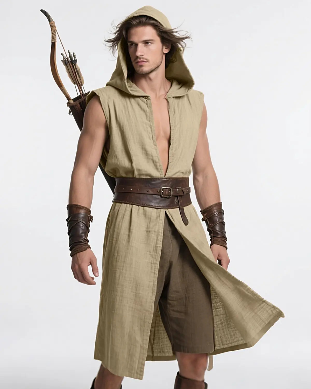 Men's Medieval Hooded Surcoat Renaissance Tabard Sleeveless Tunic Cloak Viking Costume Holloween Assassin Cosplay