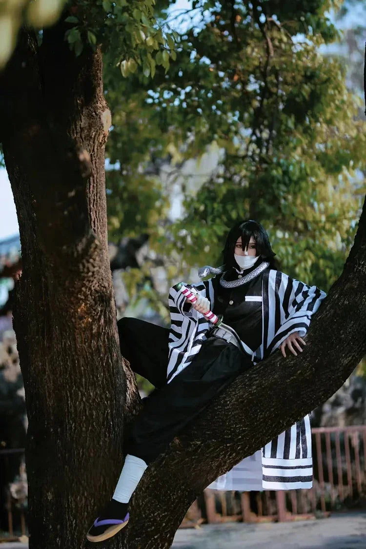 Iguro Obanai Anime Demon Ghost Killer Haori Kimono Cosplay Costume Set with White Snake Doll for Men