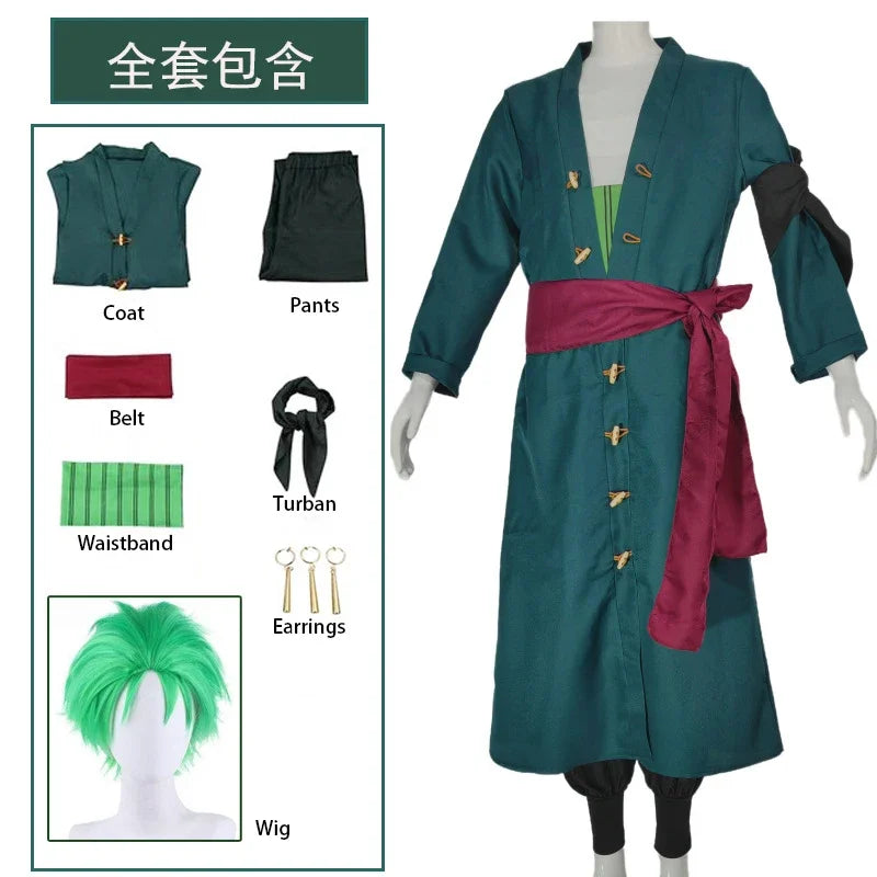 The whole series Anime Roronoa Zoro Cosplay Costume Uniform Green Coat Belt Pants Head Scarf Roronoa Zoro Wig Earrings Halloween