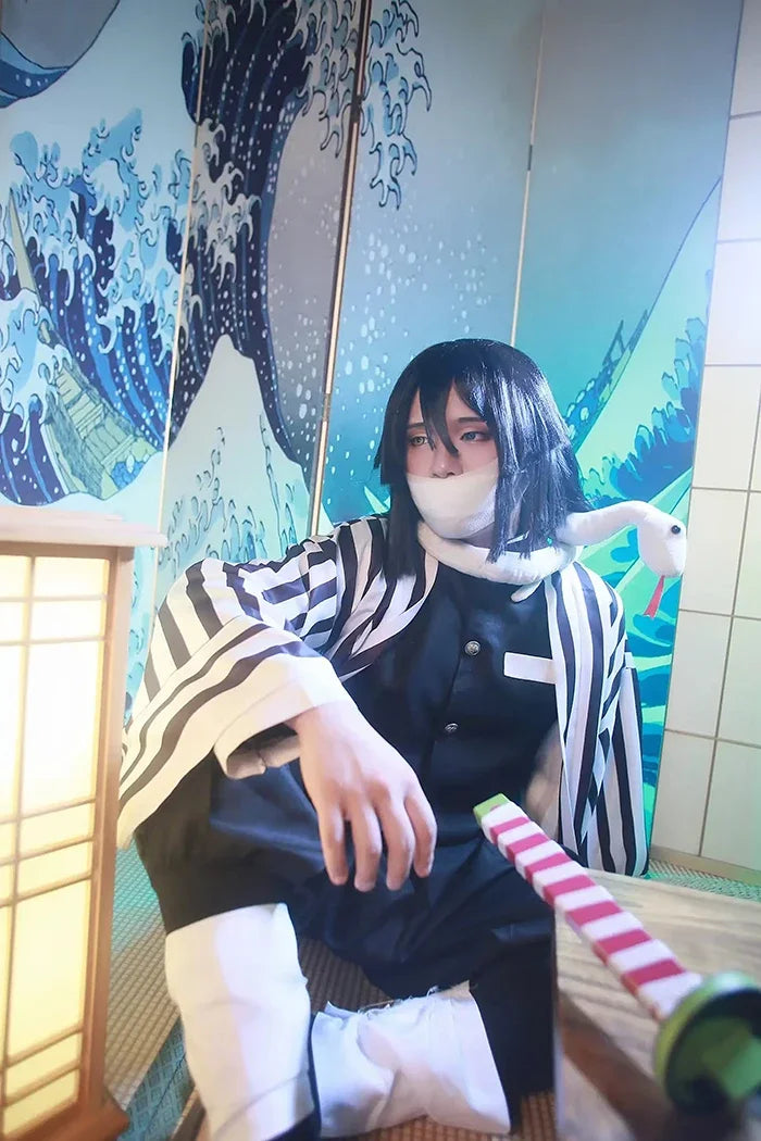 Iguro Obanai Anime Demon Ghost Killer Haori Kimono Cosplay Costume Set with White Snake Doll for Men